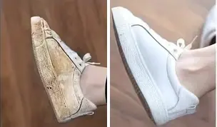Tenis blanco muy sucio a la izquierda y el mismo modelo limpio a la derecha